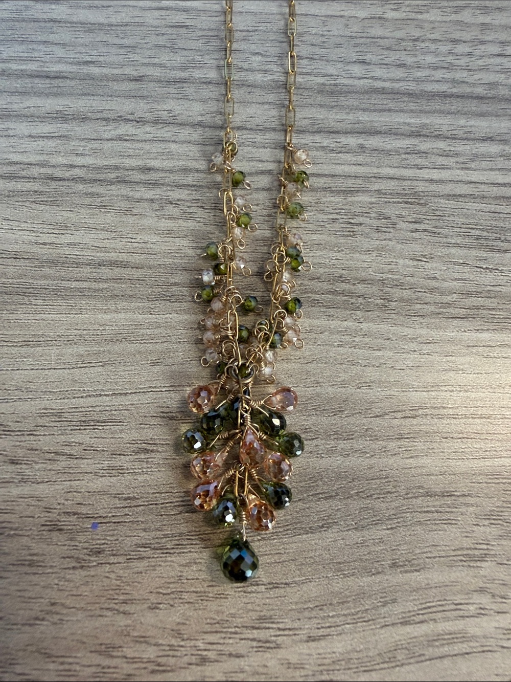 Gold-Tone Green and Champagne Bead Cluster Pendant Necklace